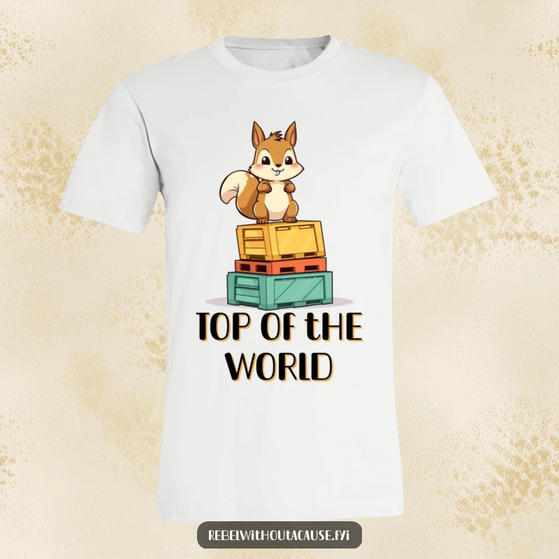 Funny Squirrel Victory T-Shirt: A fearless squirrel character standing proudly on a pile of overturned crates, exuding confidence.