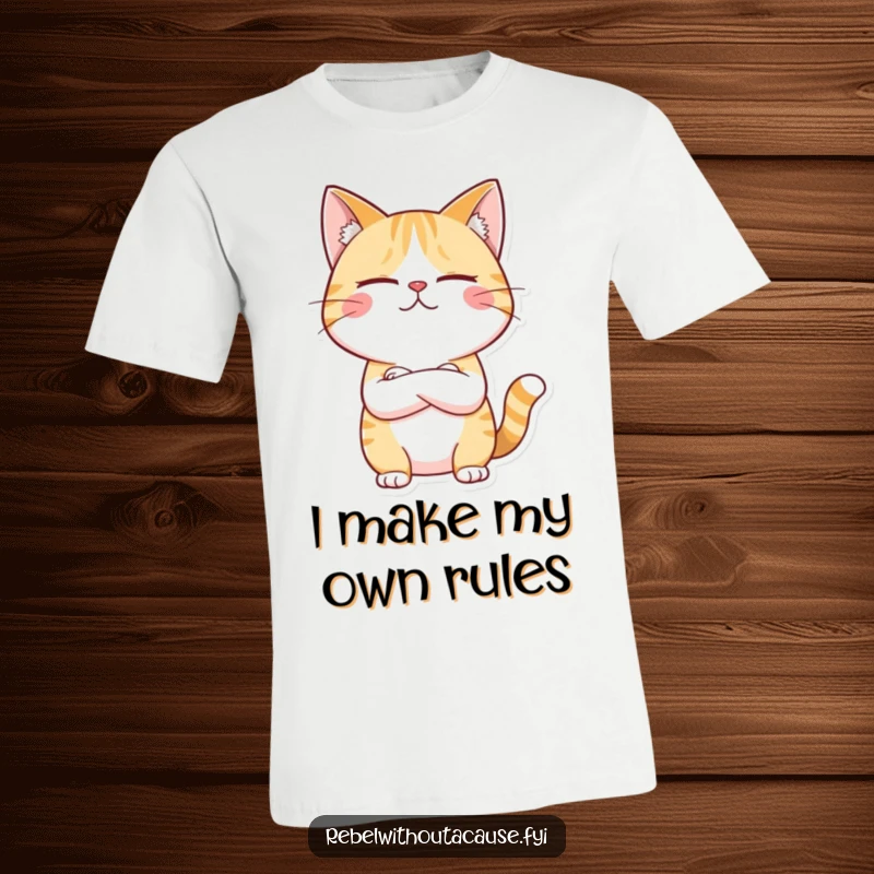 Funny t-shirt of a giggling cat character arms crossed, looking unimpressed, conveying a bold and sassy personality.