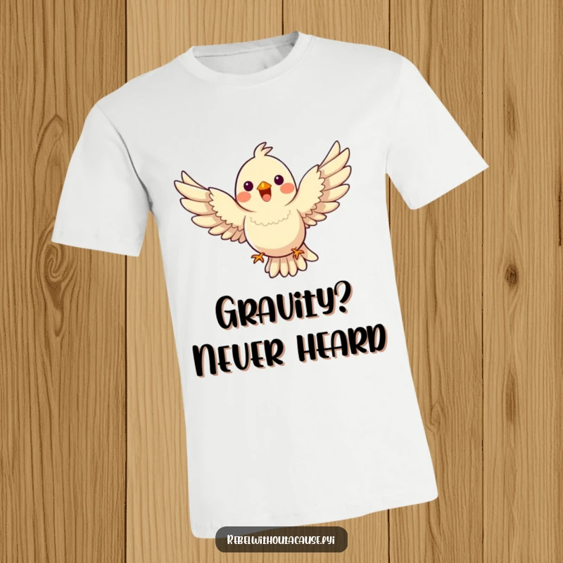 Funny Bird Flight T-Shirt, a happy bird soaring with wings spread wide, defying gravity with joy, ideal funny gift.