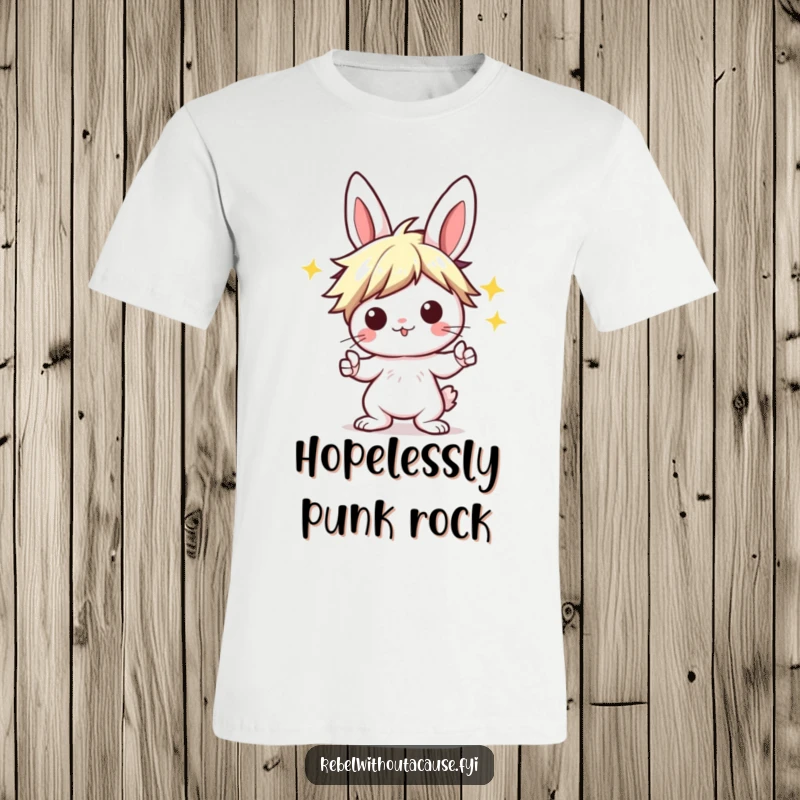 Funny Kawaii Bunny T-Shirt showing a punk bunny with a wild hairstyle, striking a cool 'rock on' pose with energetic flair.