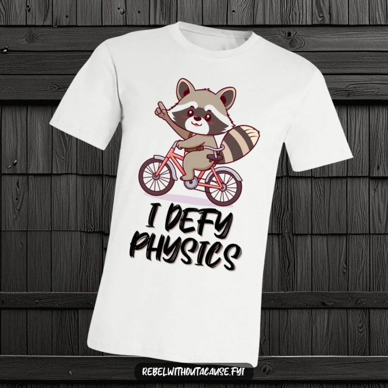 Funny kawaii raccoon in a cheeky salute, riding a tiny bicycle backwards on a t-shirt.