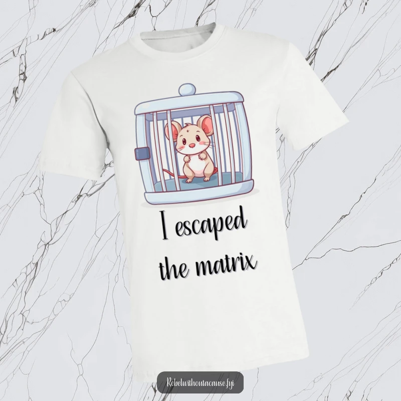 Funny curious mouse peeking out from an open, empty cage on a t-shirt, a symbol of clever escape.