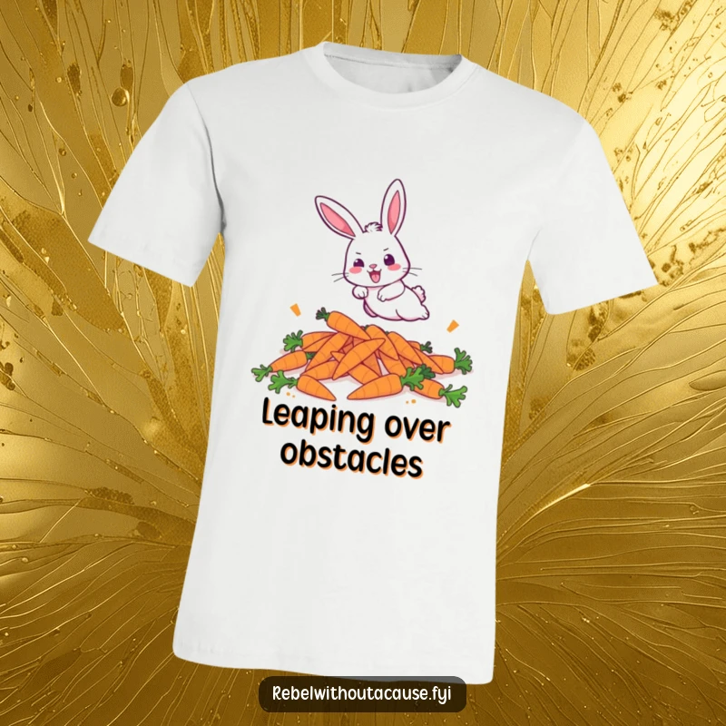 Funny t-shirt of a bold bunny aggressively leaping over a pile of discarded carrots, a humorous depiction of drive.
