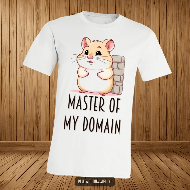 Funny t-shirt of a confident hamster smirking while leaning against a tiny wall, exuding nonchalant charm.