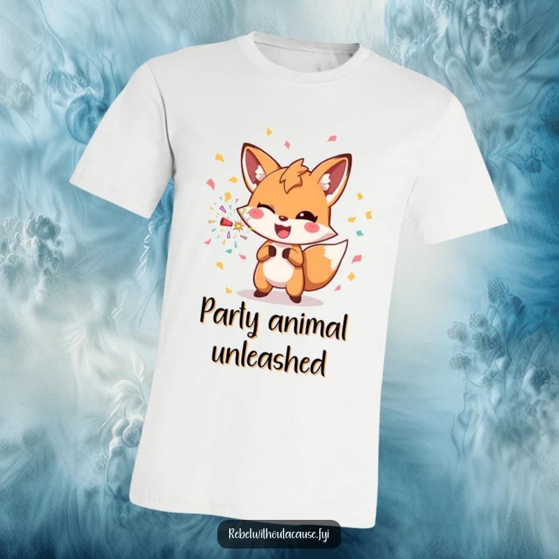 Funny winking fox throwing a confetti bomb on a t-shirt, spreading joy and festive cheer.