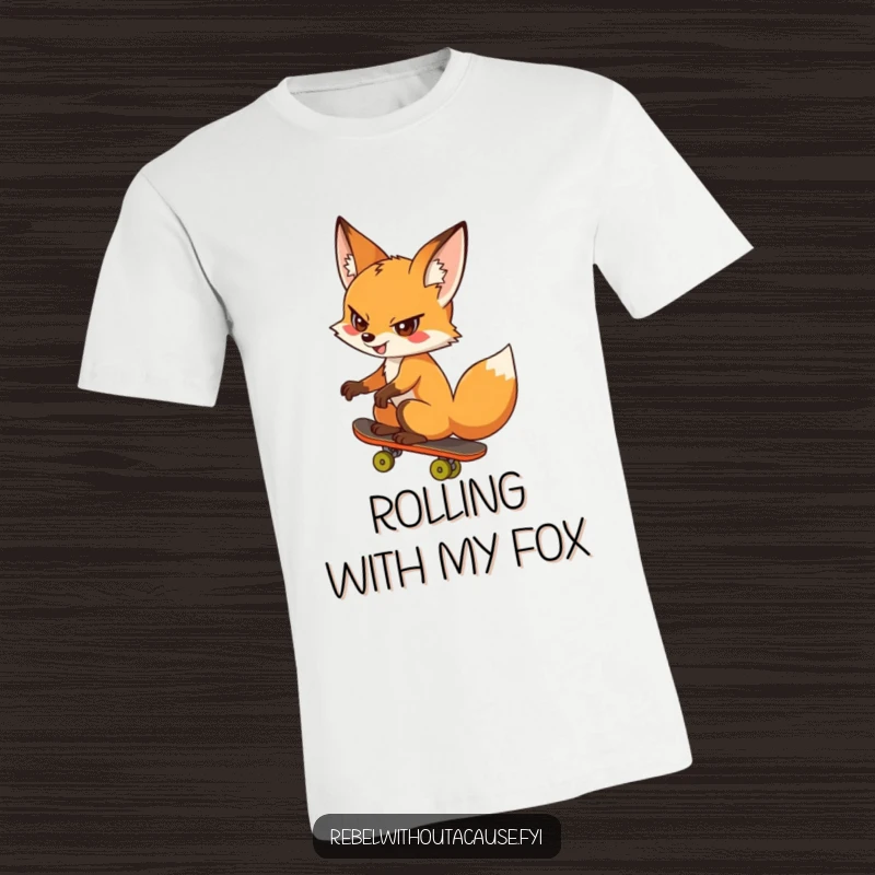 Funny fox t-shirt with a cheeky fox riding a skateboard backwards, exuding defiance and fun, a cool funny gift.