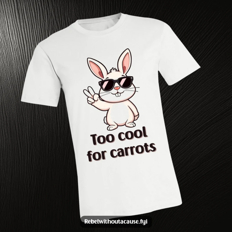Funny rebellious bunny wearing dark sunglasses, smirking and giving a peace sign on a cool graphic t-shirt.