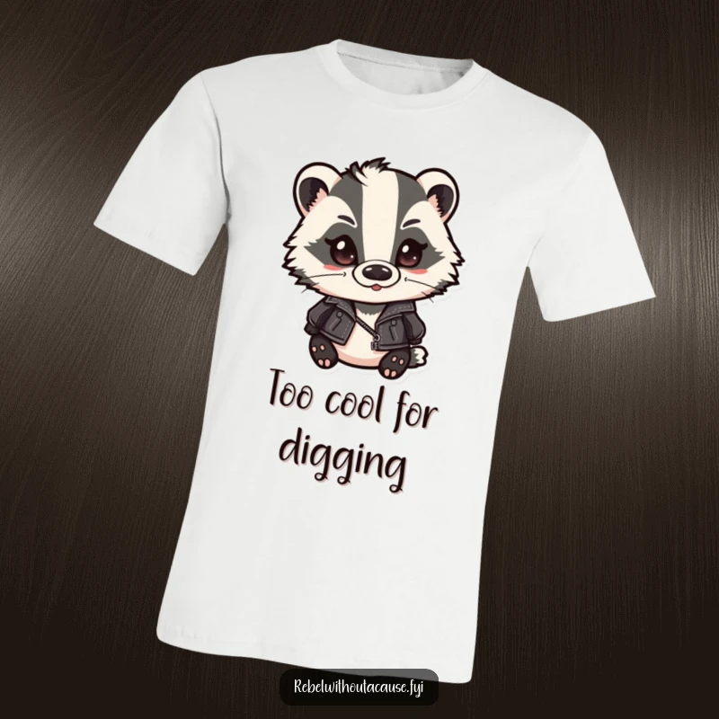 Funny badger t-shirt showcasing a cute badger in a leather jacket and slicked-back hair, smirking with attitude. A stylish and humorous design.