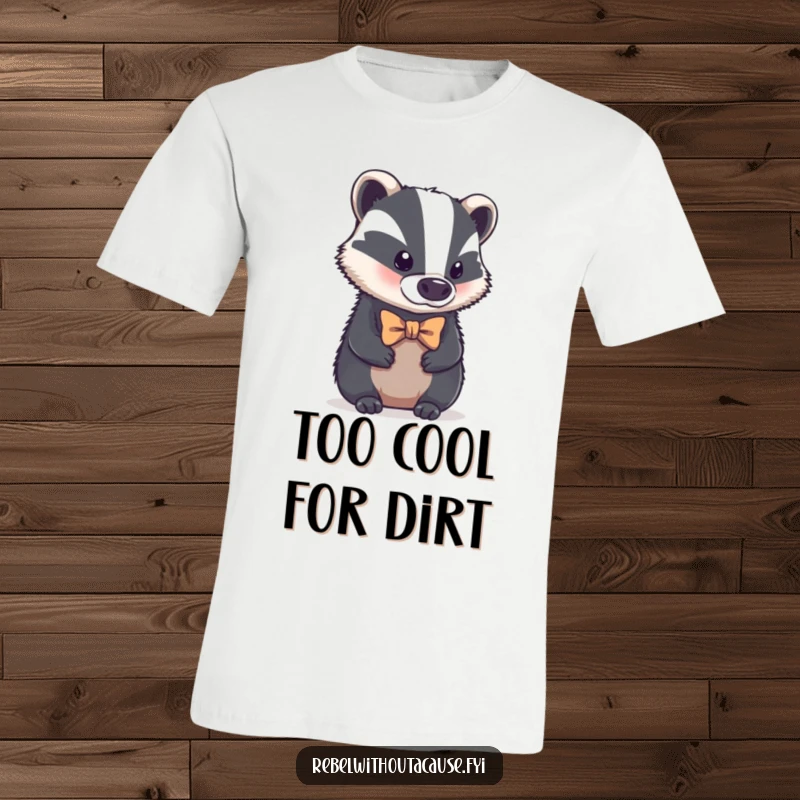 Funny t-shirt with a bold badger, tiny crooked bowtie, looking aloof, symbolizing dapper attitude and dry humor, a great funny gift.
