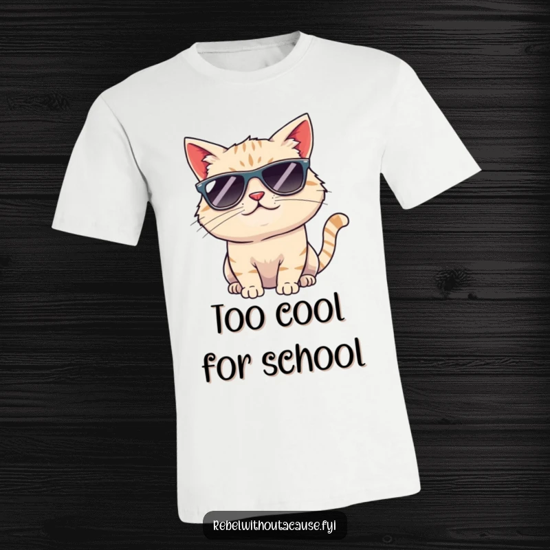 Funny cool cat t-shirt featuring a cat wearing sunglasses, giving a subtle smirk while tipping its head, exuding effortless cool.