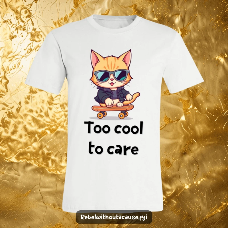 Funny Cat Skater T-Shirt with a cool cat rocking sunglasses, a leather jacket, and a skateboard, exuding street style.