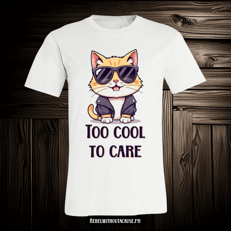Funny t-shirt of a cool cat rocking sunglasses and a leather jacket with a cheeky, mischievous grin, radiating cool.