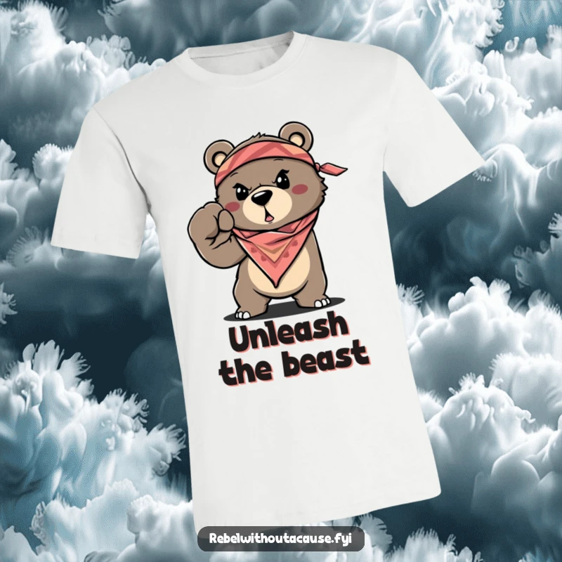 Funny Bear Fist T-Shirt, a bandana-clad bear determinedly throwing a fist, represents strength, ideal funny gift.