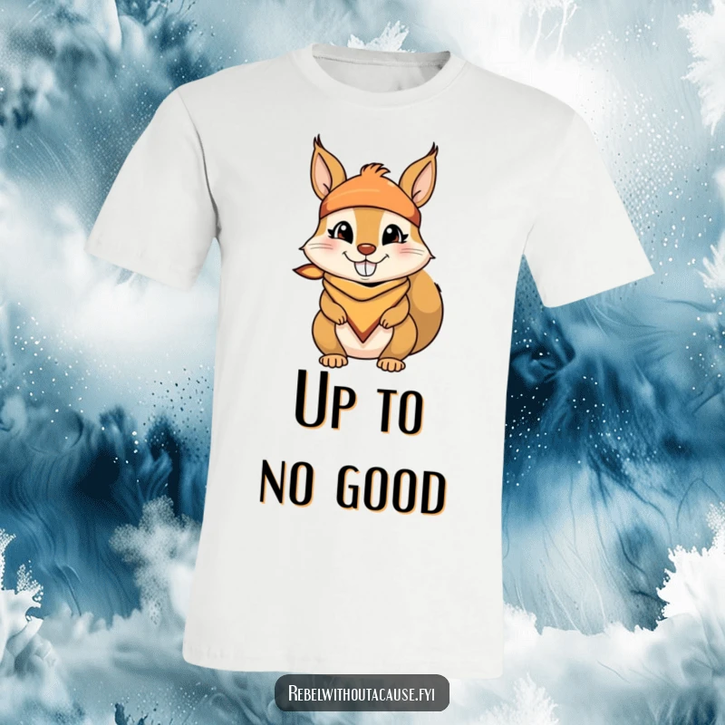 Funny t-shirt showcasing a mischievous squirrel with a bandana and a cheeky grin, embodying a fun and playful personality.