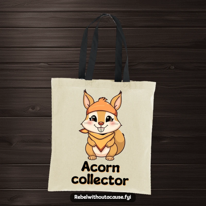 Funny tote bag featuring a mischievous squirrel with a bandana and a cheeky grin, perfect for carrying books or everyday items.