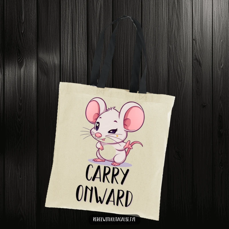 Funny Mouse Tote Bag: A kawaii mouse with a determined glint points forward, perfect for carrying essentials with purpose.