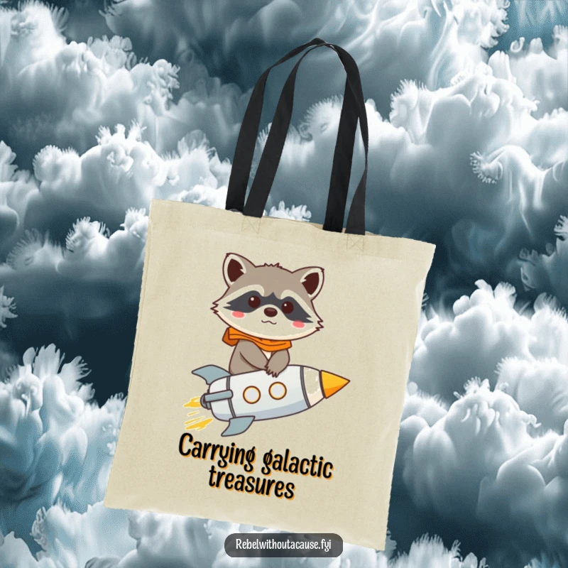 Funny raccoon character on a tote bag, piloting a small rocket with determination, ready for humorous expeditions.