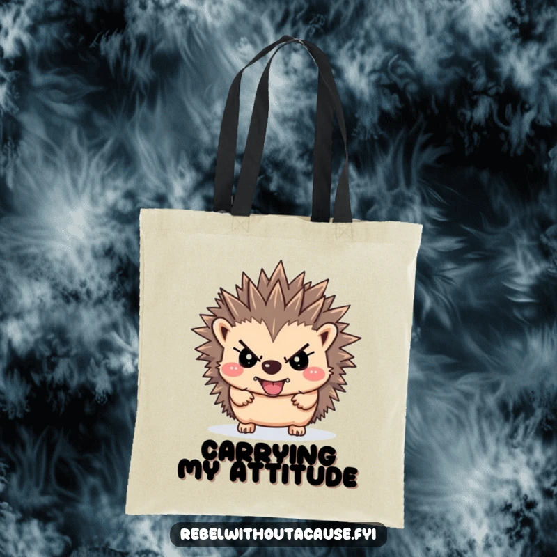 Funny rebellious hedgehog tote bag featuring a defiant hedgehog with upward-pointing spikes, a humorous and durable accessory for the strong-willed.