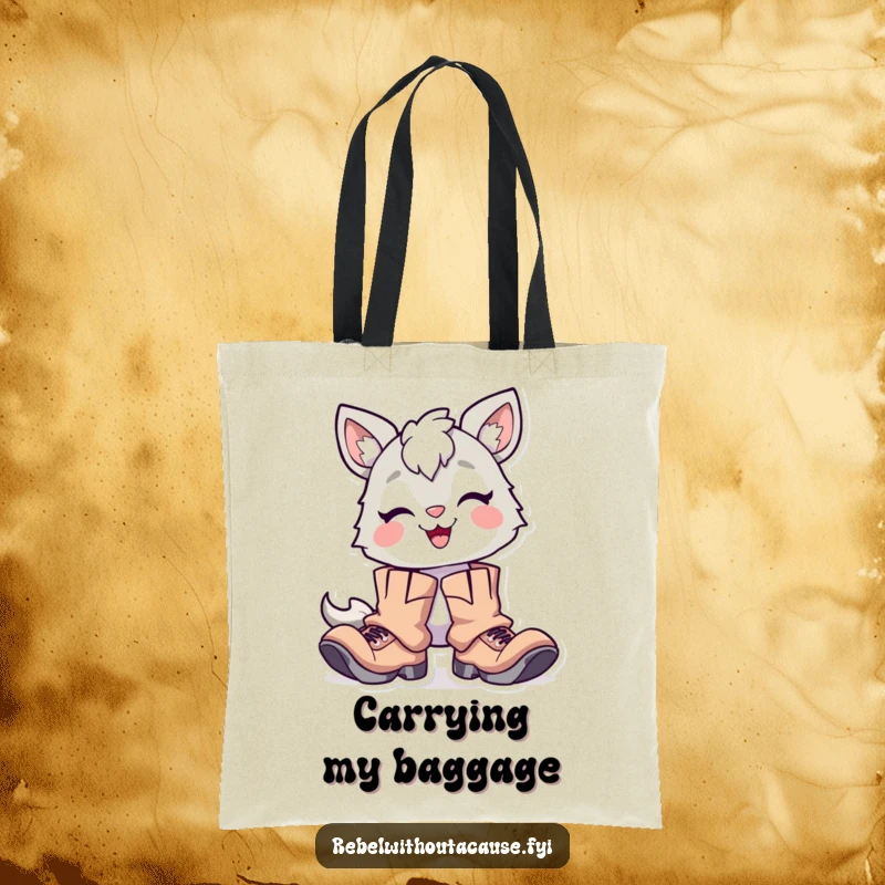Funny Tote Bag: Delighted Animal Character with Proud Smirk, Wearing Oversized Tattered Boots, Ideal for Explorers.