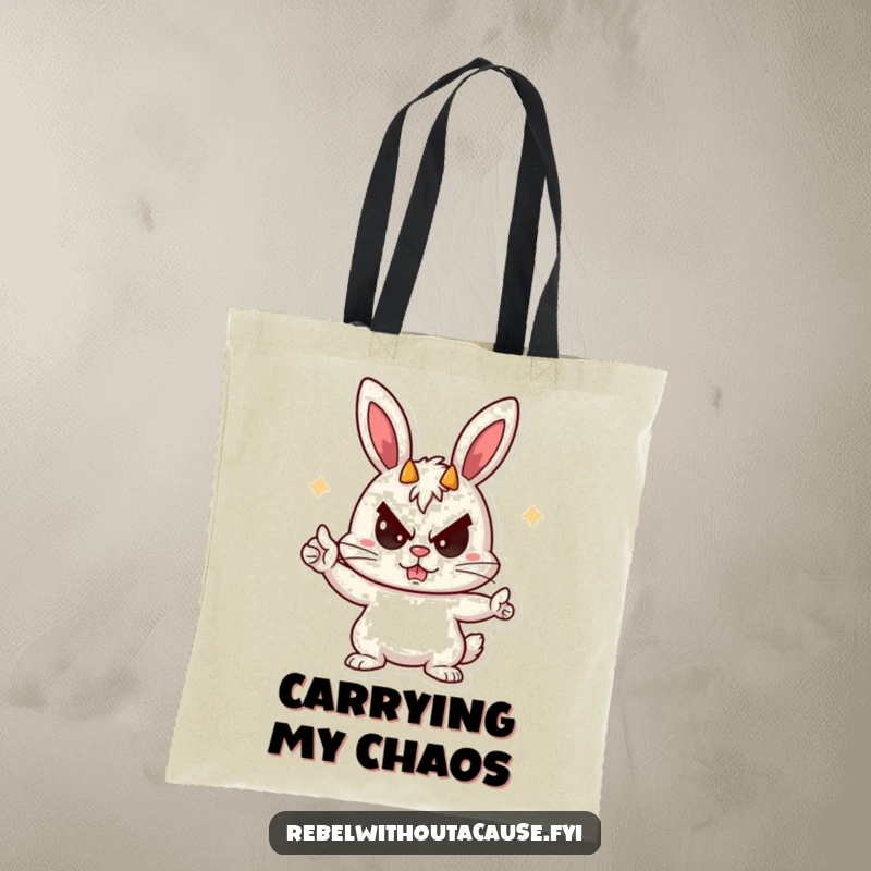 Funny Rebellious Bunny Tote Bag with a playful bunny giving devil horns and a sneer, perfect for carrying items with a mischievous vibe.