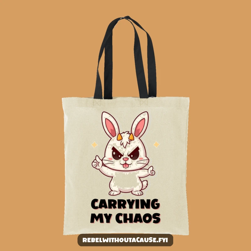 Funny Rebellious Bunny Tote Bag - Devil Horns, Playful Carry, Gift
