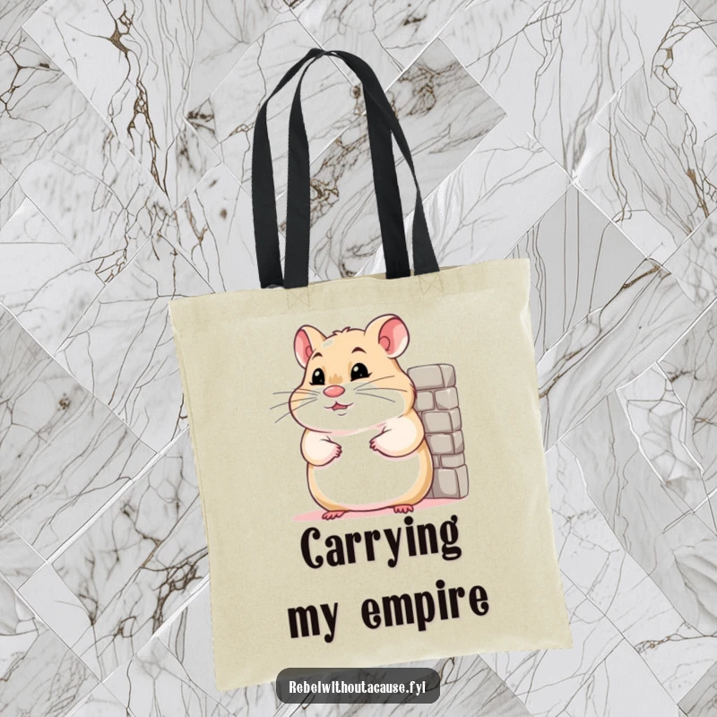 Funny tote bag showing a confident hamster smirking as it leans against a tiny wall, embodying cool.