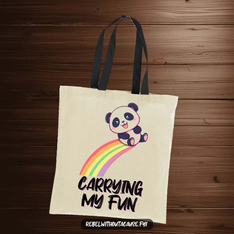 Funny Panda Tote Bag with a playful panda sliding down a rainbow with a mischievous grin, excellent funny gift.