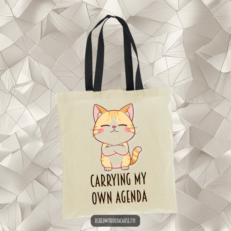 Funny tote bag showcasing a giggling cat character arms crossed, looking unimpressed, ready for any task with a sarcastic flair.