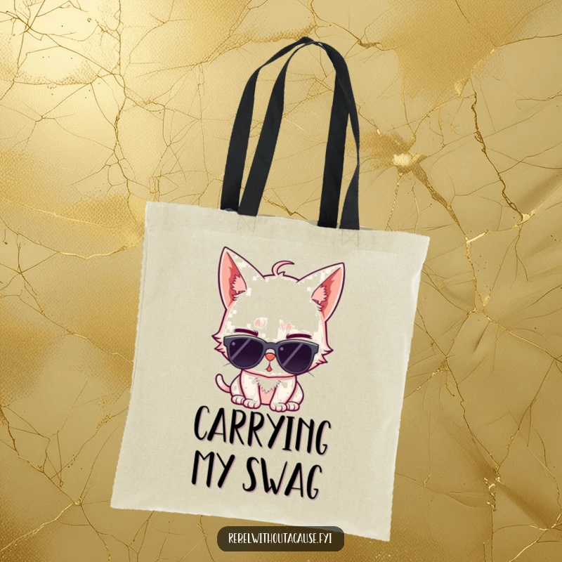 Funny tote bag designed with a sassy cat wearing sunglasses and giving a wink, perfect for carrying items with feline flair and attitude.