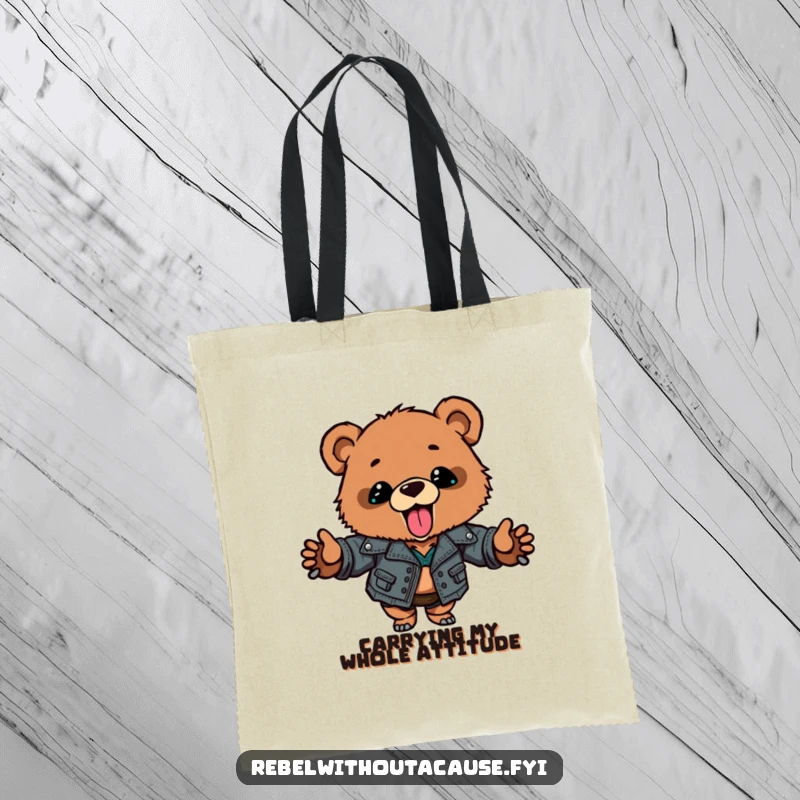 Funny bear cub tote bag with ripped leather jacket and playful tongue-out pose, a functional and humorous funny gift.