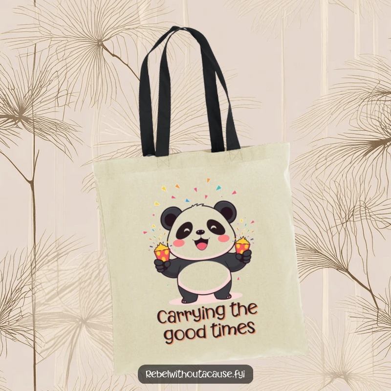 Funny Panda Tote Bag: Mischievous panda creating a spectacle while juggling three exploding confetti poppers, a symbol of lively celebration.