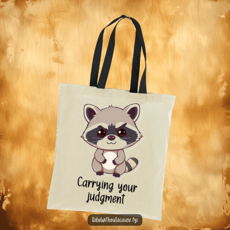 Funny raccoon tote bag featuring a cheeky raccoon with a mischievous smirk and a raised eyebrow, ready for any playful adventure.