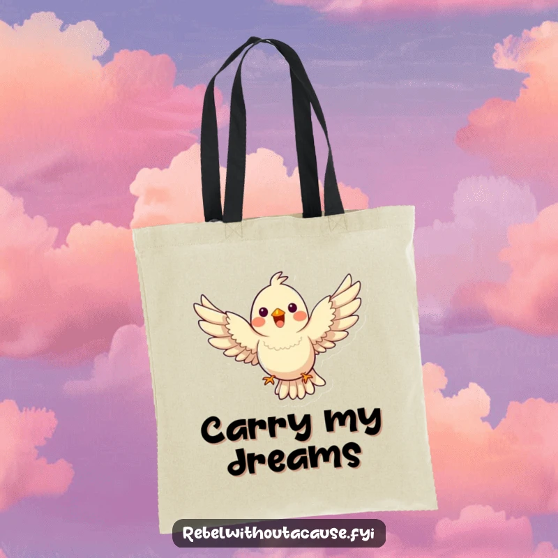 Funny Bird Tote Bag with a happy bird flying with wings spread wide, defying gravity with grace, excellent funny gift.
