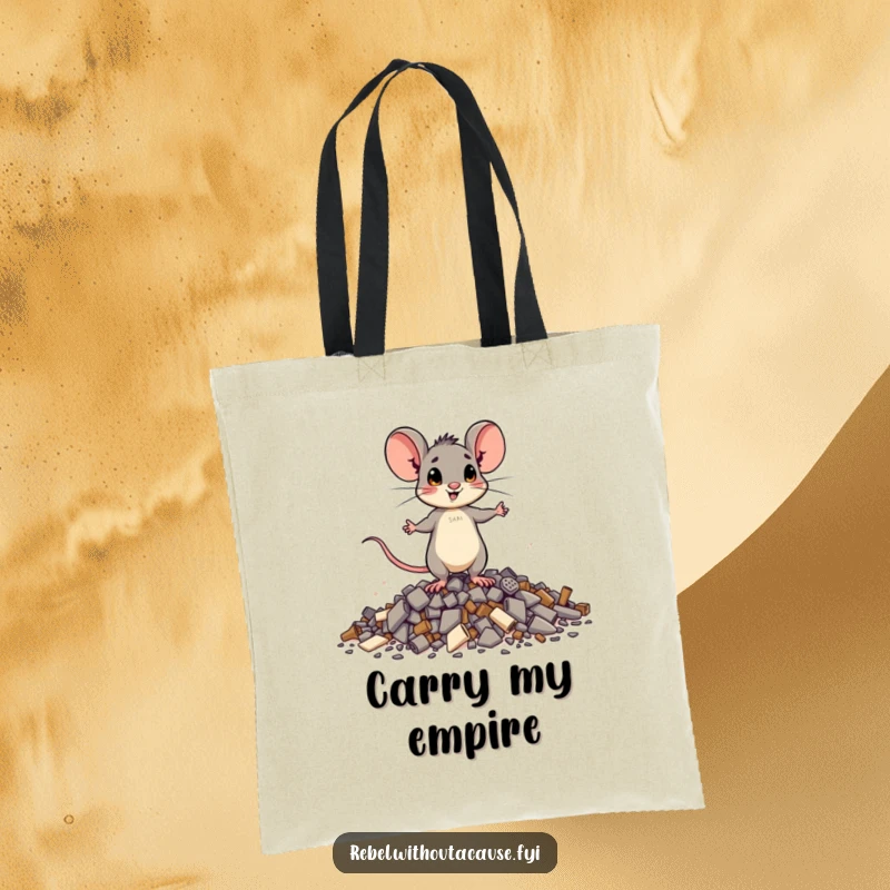 Funny brave mouse tote bag illustrating a small mouse standing tall on debris, ideal for carrying necessities with a humorous touch of bravery.