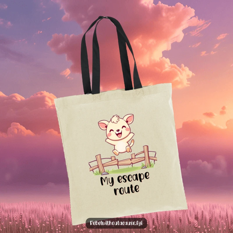 Funny tote bag with a cheerful animal character joyfully jumping over a broken fence, carrying positivity and smiles.