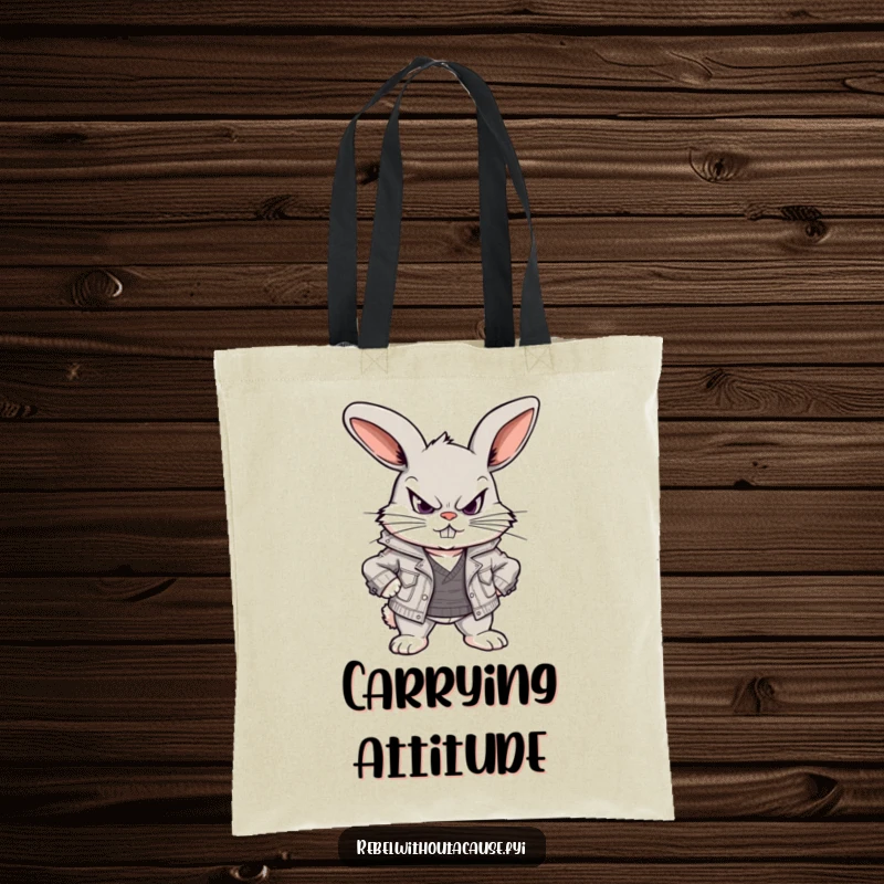 Funny tote bag featuring a scowling, defiant bunny in a ripped jacket, perfect for carrying books or groceries with attitude.