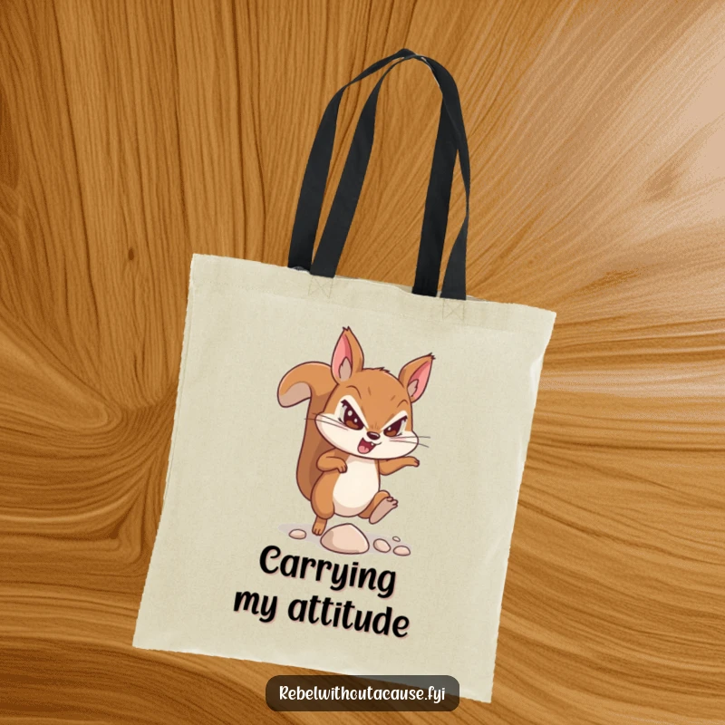 Funny tote bag with a defiant squirrel character determinedly kicking a small pebble, symbolizing overcoming obstacles.