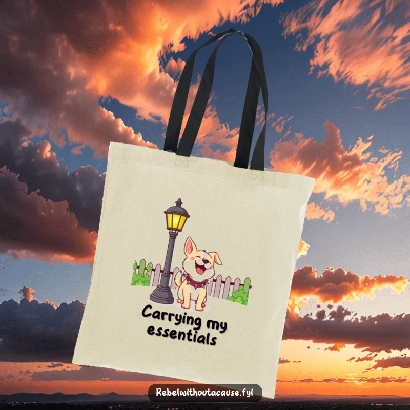 Funny Dog Tote Bag showing a cheerful dog in a spiked collar playfully barking at a lamppost, a humorous and practical accessory.