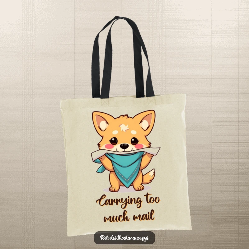 Funny tote bag featuring a carefree dog in a bandana, joyfully ripping paper, perfect for dog lovers on the go.