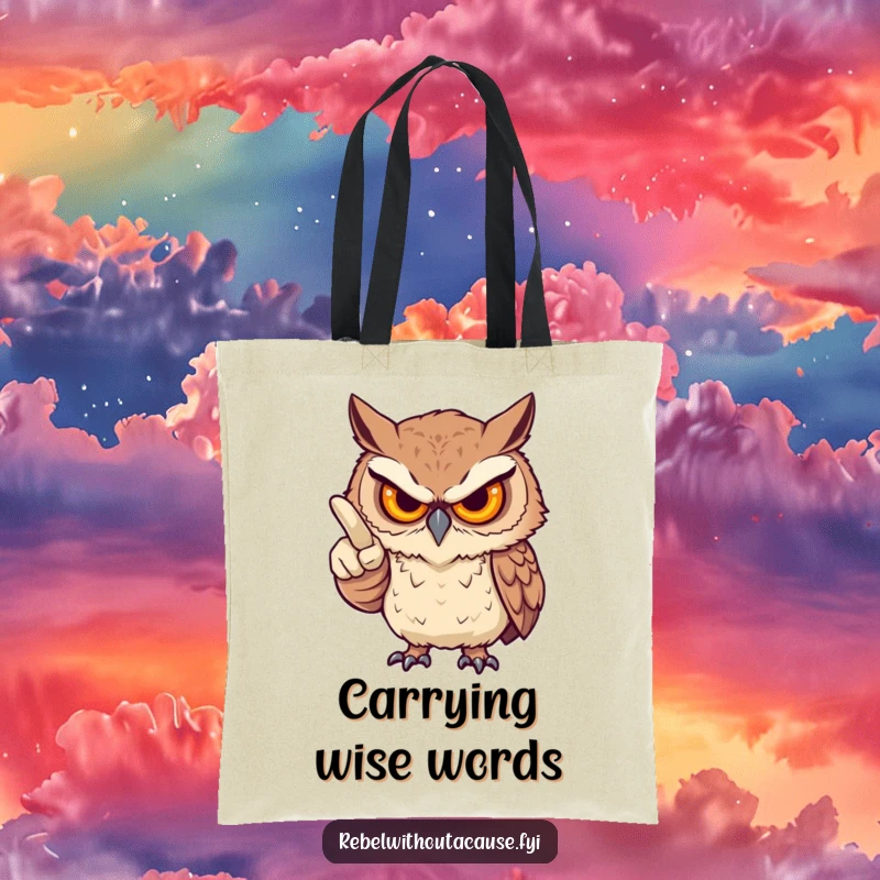 Funny tote bag with a fierce owl, stern gaze, playfully pointing an accusatory finger, perfect for carrying items with witty judgment.