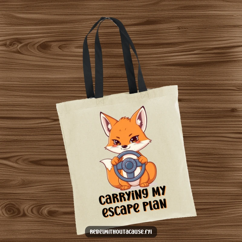 Funny tote bag featuring a sly fox with a detached steering wheel, perfect for carrying goods with a humorous touch.
