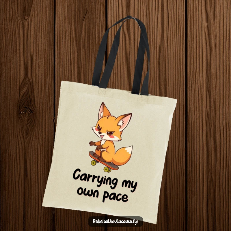 Funny fox tote bag designed with a cheeky fox riding a skateboard backwards, a fun and functional funny gift.