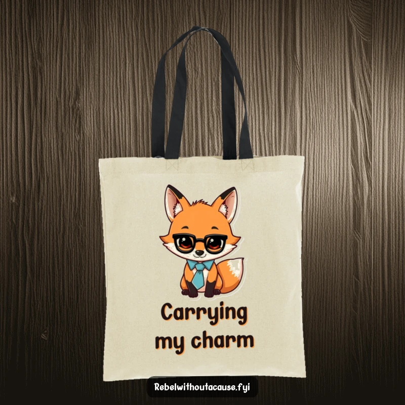 Funny tote bag featuring a jaunty fox wearing a loose tie and a swagger, perfect for carrying books or everyday essentials.