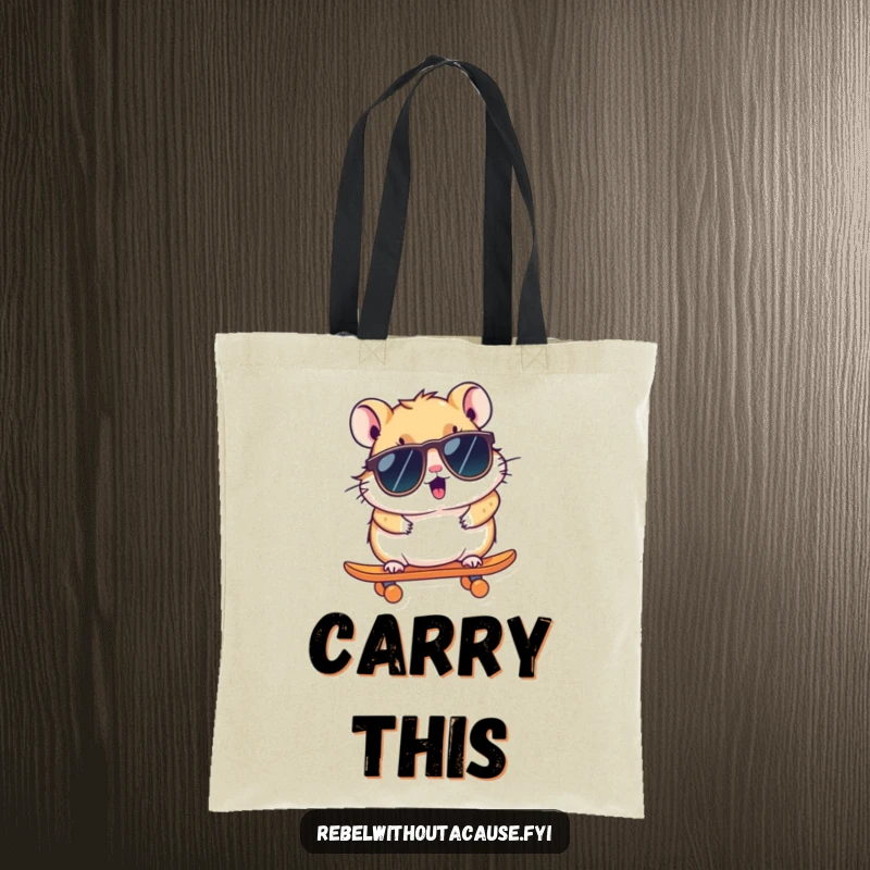 Funny Hamster Tote Bag: A kawaii hamster wearing sunglasses cruises on a tiny skateboard, designed for carrying essentials with flair.