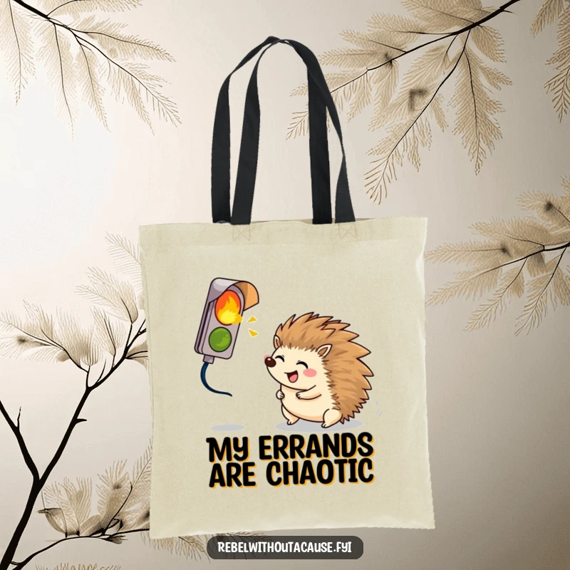 Funny giggling hedgehog rolling towards a broken signal light, displayed on a functional and humorous tote bag.
