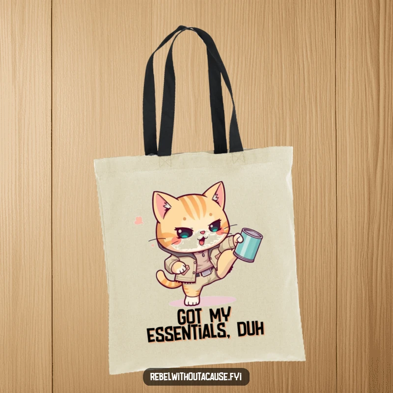 Funny Kawaii Cat Tote Bag with a defiantly cool punk kitty in ripped clothing, kicking a tin can with streetwise feline charm.