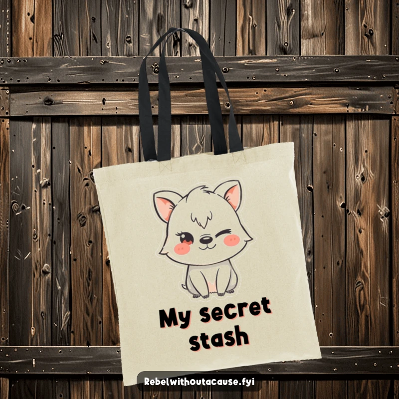 Funny tote bag with a mischievous animal character using a chalk stencil and winking, perfect for carrying secrets and fun.
