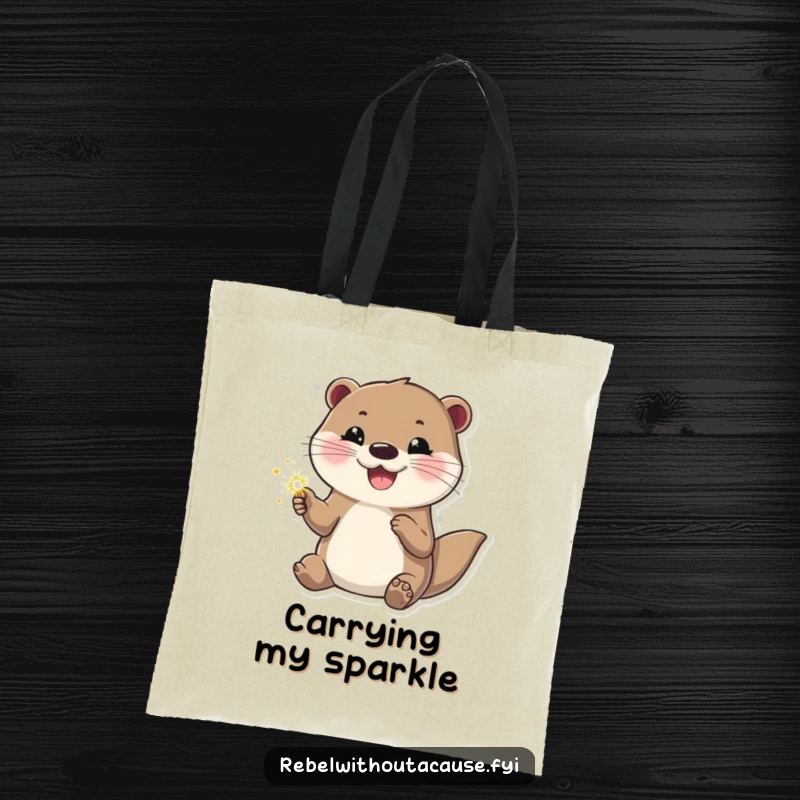 Funny otter tote bag displaying a happy otter holding a sparkler, looking cool and confident. Practical and cheerful accessory.