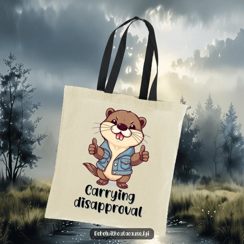 Funny tote bag designed with a defiant otter in a ripped denim jacket giving a thumbs-down, perfect for carrying items with rebellious flair.