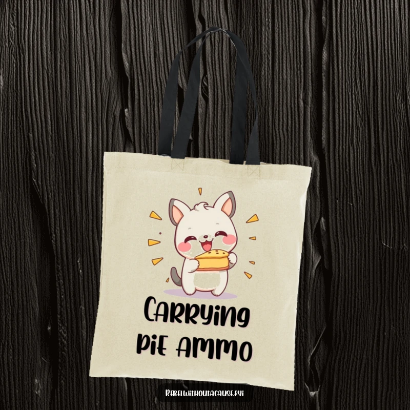 Funny Tote Bag: Happy Animal Character Gleefully Smashing a Pie Against a Wall, Ideal for Messy Fun Lovers.